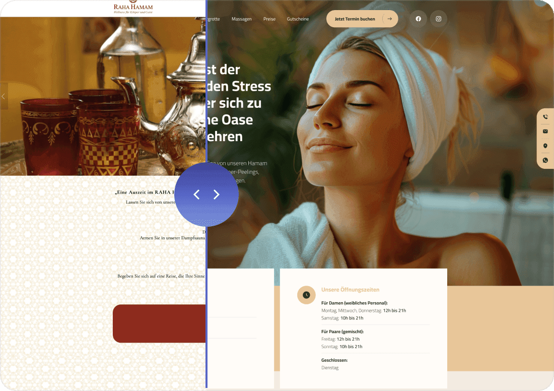 RAHA HAMAM: neue Website mit Buchungsfluss und Öffnungszeiten