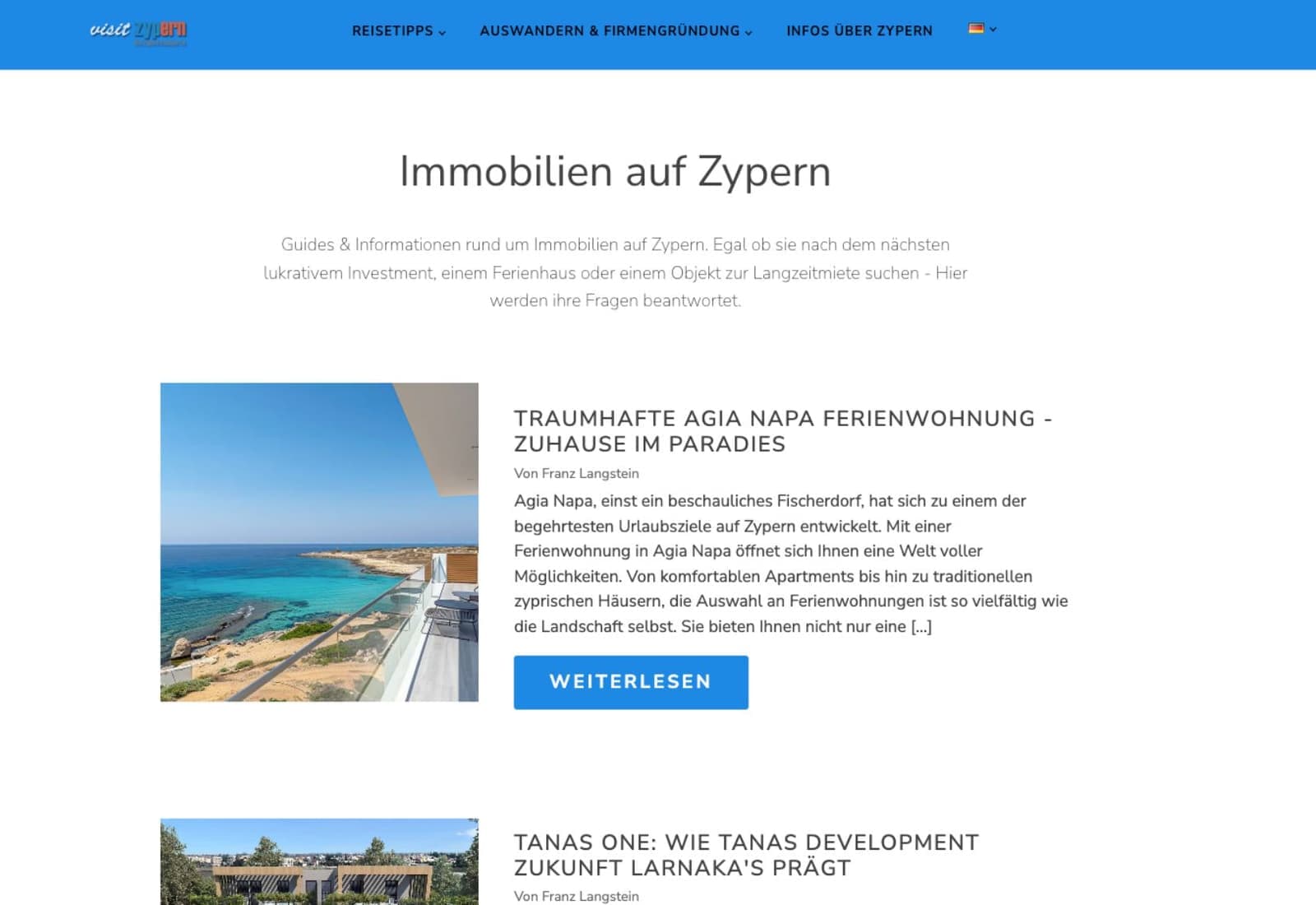 visitzypern.de: Medienportal-Hero mit Immobilien-Inhalten auf Zypern