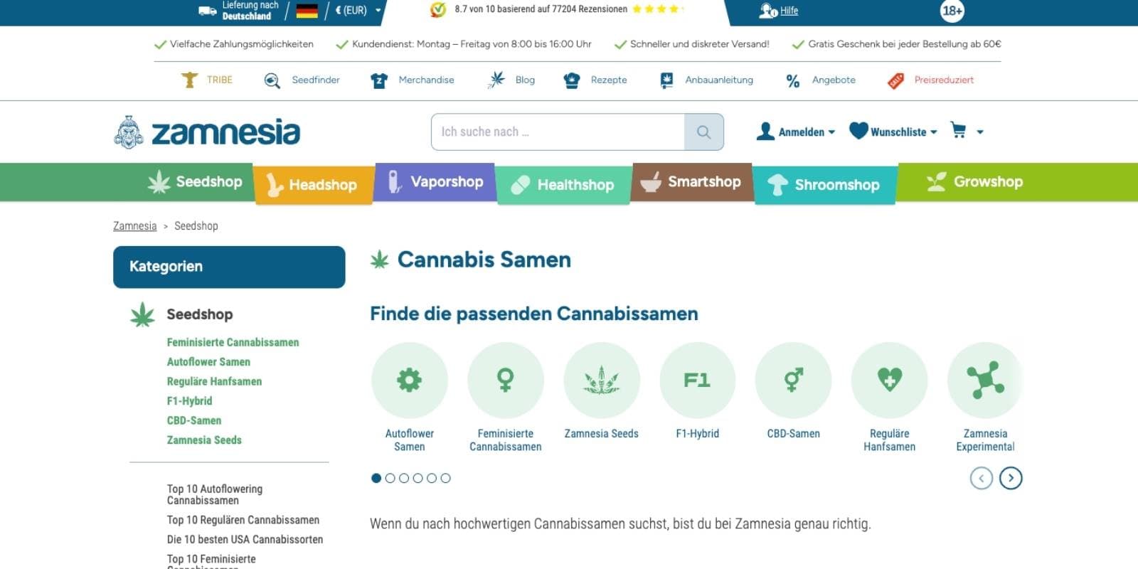 Webseite von Zamnesia