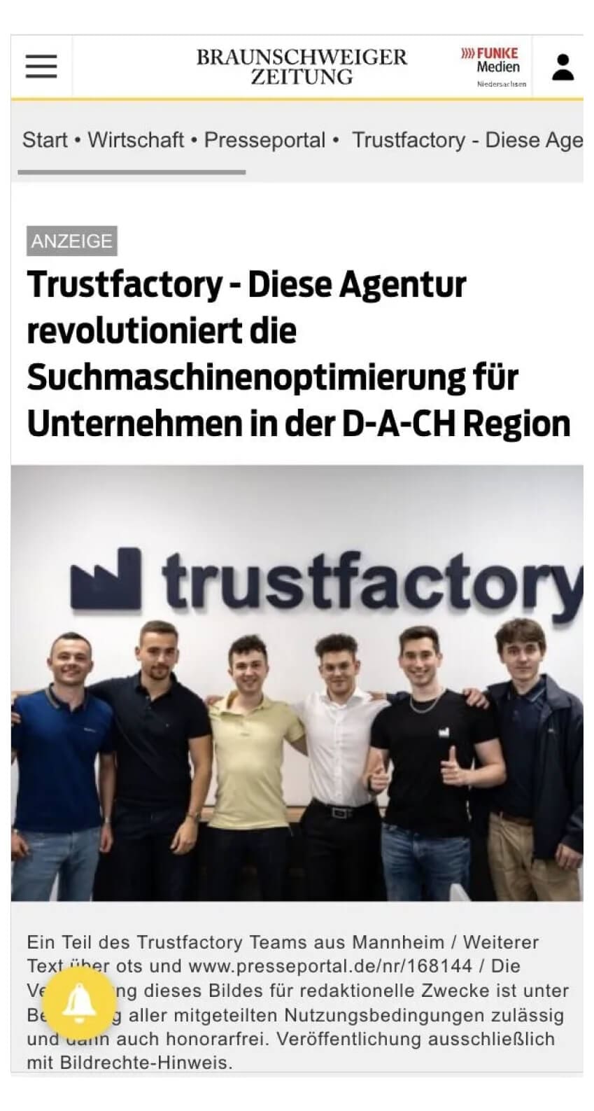Presseartikel über Trustfactory in der Braunschweiger Zeitung