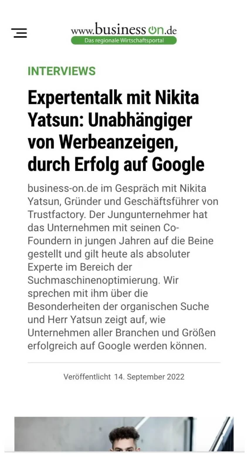 Presseartikel über Trustfactory in der business-on.de