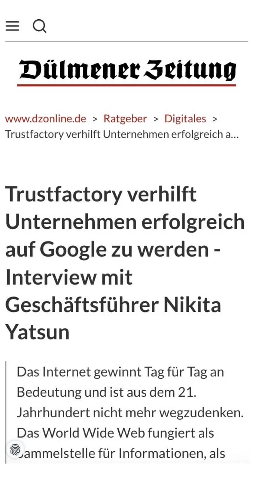 Presseartikel über Trustfactory in der Dülmener Zeitung