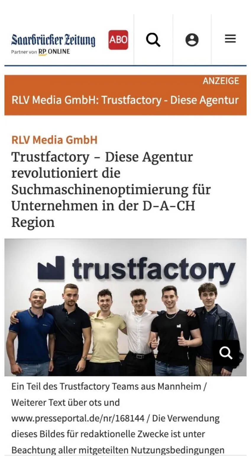 Presseartikel über Trustfactory in der Saarbrücker Zeitung