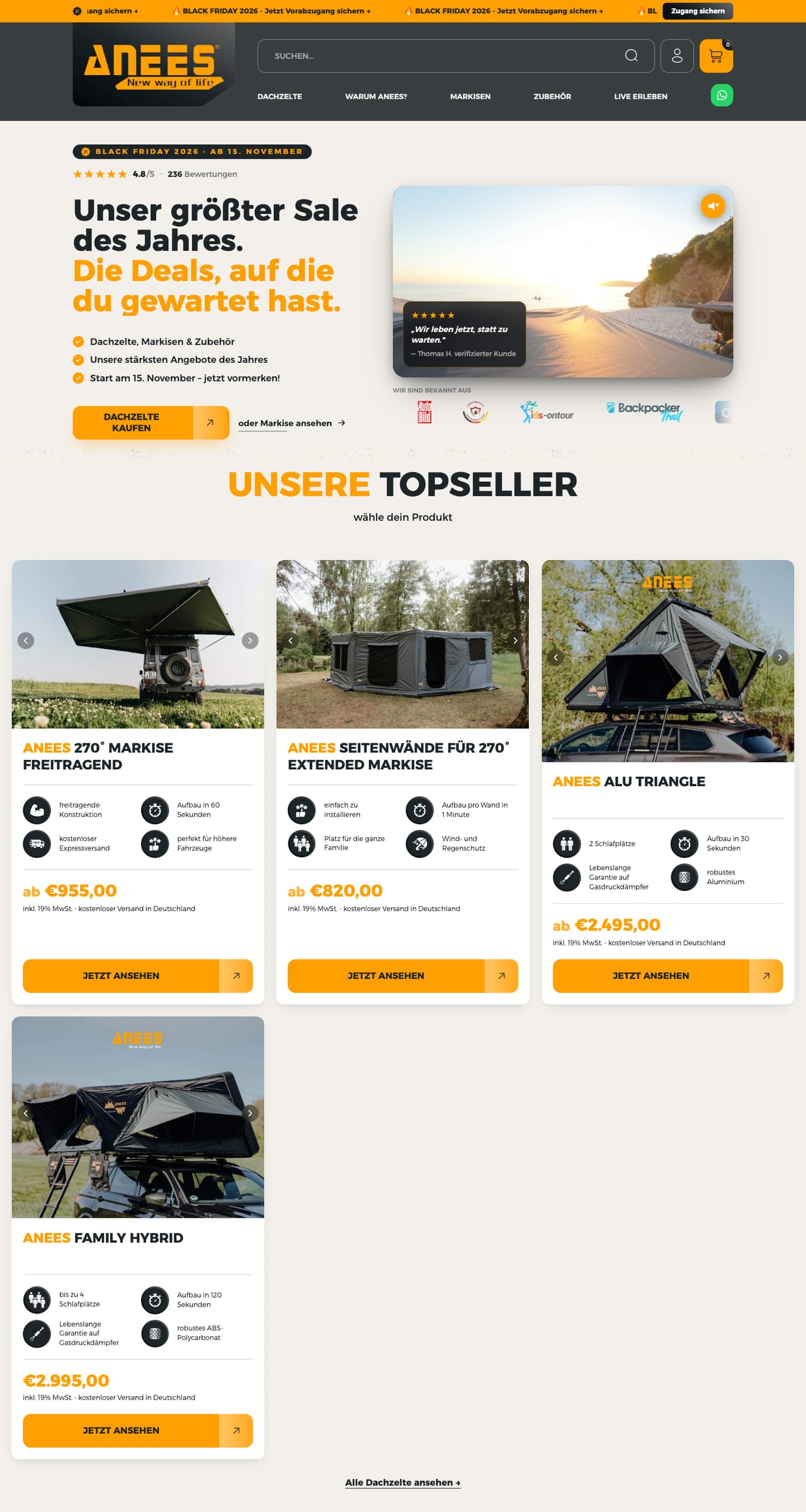Online-Shop von ANEES: Startseite mit Dachzelten, Markisen und Bewertungen