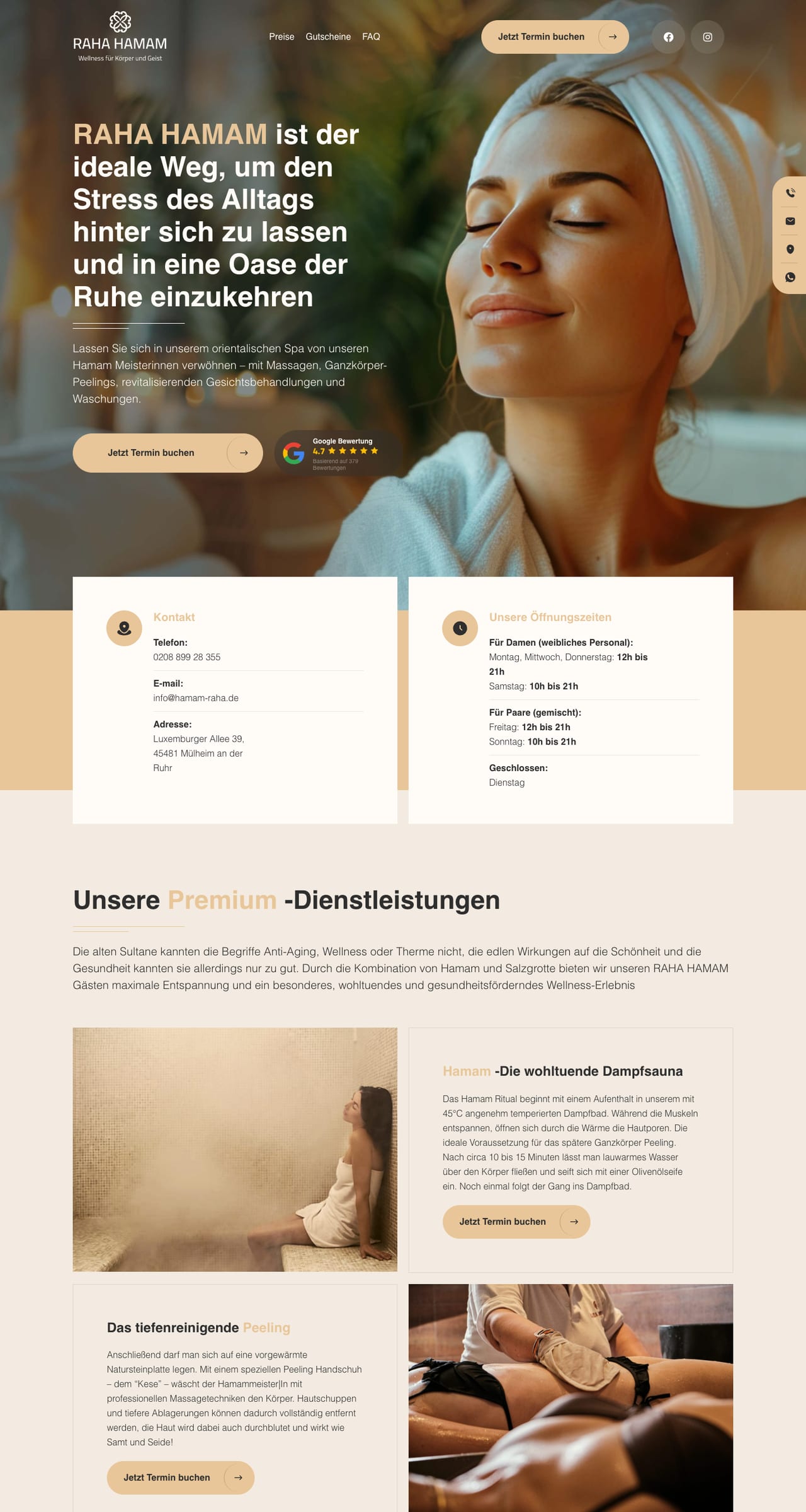 RAHA HAMAM website: home page with booking button and Google rating